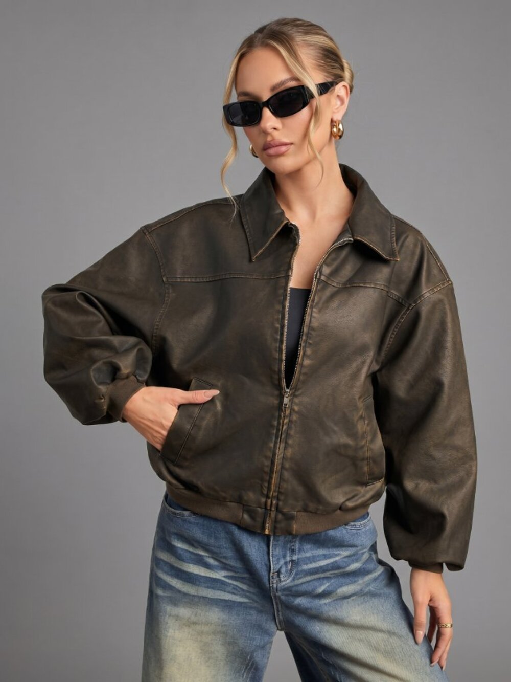 Women Vintage Washed Brown Faux Leather Bomber Jacket Oversized Zip Up Coat
